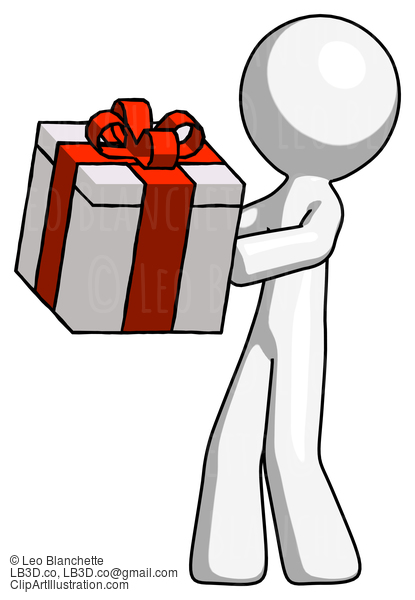 White Design Mascot Man Presenting A Present With Large Red Bow On It #9128