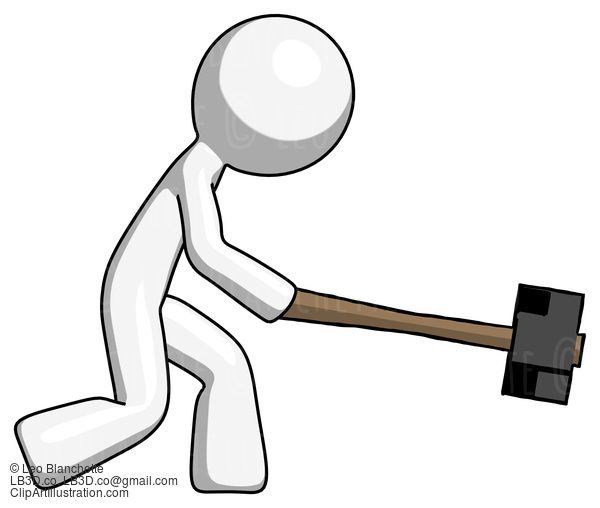 White Design Mascot Man Hitting With Sledgehammer, Or Smashing Something #9130