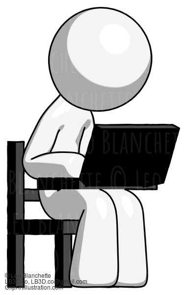 White Design Mascot Man Using Laptop Computer While Sitting In Chair Angled Right #9141