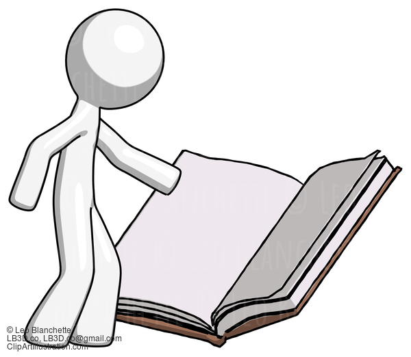 White Design Mascot Man Reading Big Book While Standing Beside It #9144