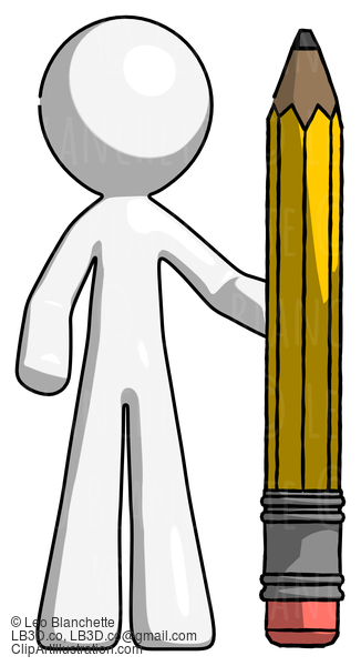 White Design Mascot Man With Large Pencil Standing Ready To Write #9145