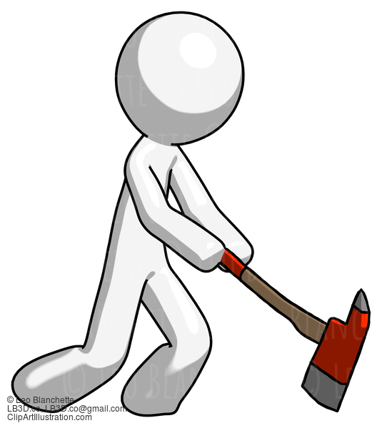 White Design Mascot Man Striking With A Red Firefighter’S Ax #9147