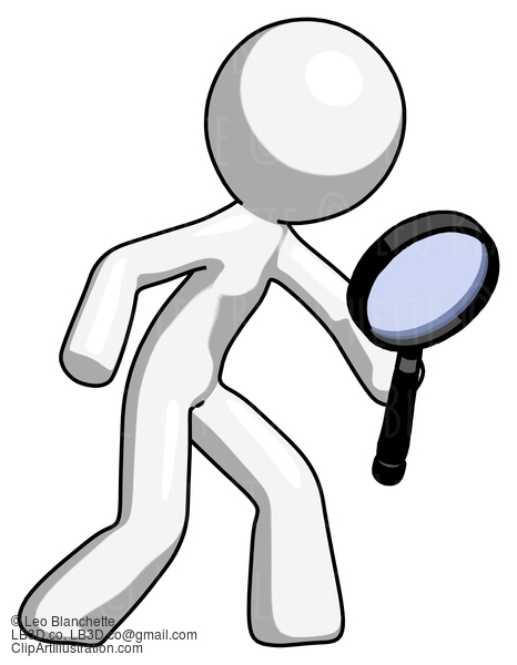 White Design Mascot Man Inspecting With Large Magnifying Glass Right #9152