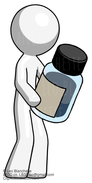 White Design Mascot Man Holding Glass Medicine Bottle #9155