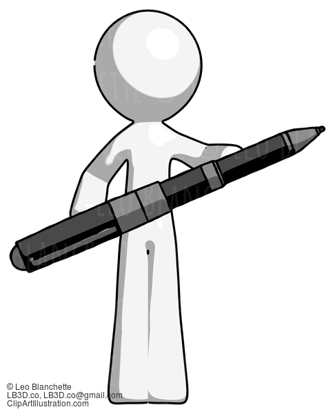 White Design Mascot Man Posing Confidently With Giant Pen #9157