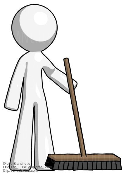 White Design Mascot Man Standing With Industrial Broom #9160