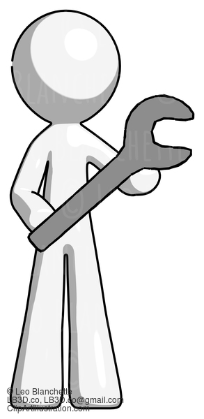 White Design Mascot Man Holding Large Wrench With Both Hands #9161