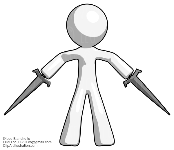 White Design Mascot Man Two Sword Defense Pose #9163