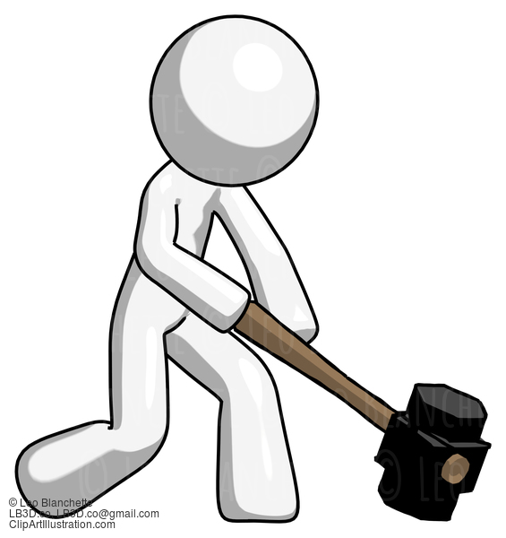 White Design Mascot Man Hitting With Sledgehammer, Or Smashing Something At Angle #9166