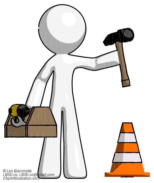 White Design Mascot Man Under Construction Concept, Traffic Cone And Tools #9168