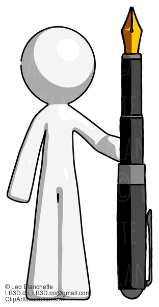 White Design Mascot Man Holding Giant Calligraphy Pen #9175