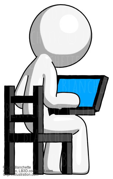 White Design Mascot Man Using Laptop Computer While Sitting In Chair View From Back #9177