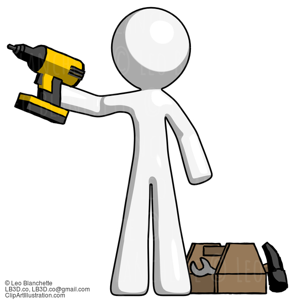 White Design Mascot Man Holding Drill Ready To Work, Toolchest And Tools To Right #9179