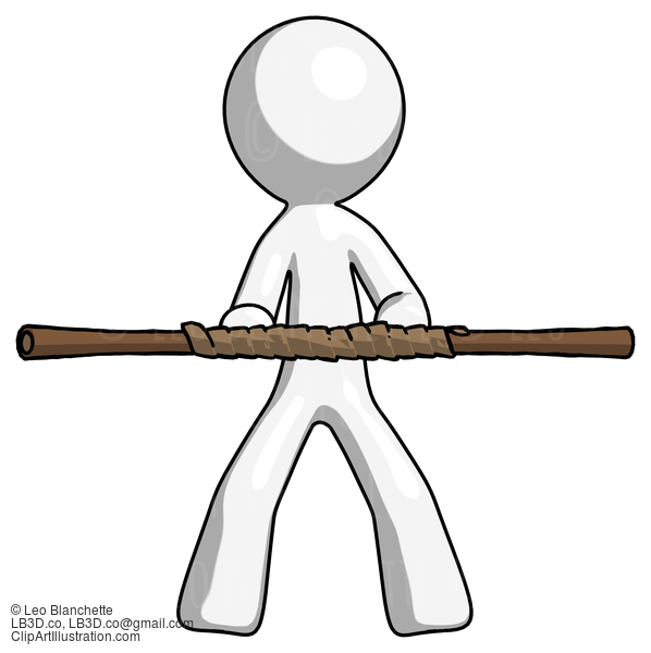 White Design Mascot Man Bo Staff Kung Fu Defense Pose #9180