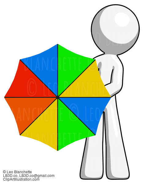 White Design Mascot Man Holding Rainbow Umbrella Out To Viewer #9185