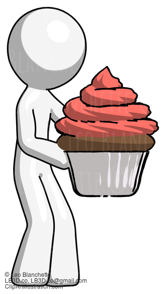 White Design Mascot Man Holding Large Cupcake Ready To Eat Or Serve #9186