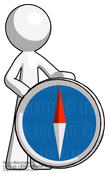 White Design Mascot Man Standing Beside Large Compass #9188