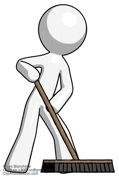 White Design Mascot Man Cleaning Services Janitor Sweeping Floor With Push Broom #9192