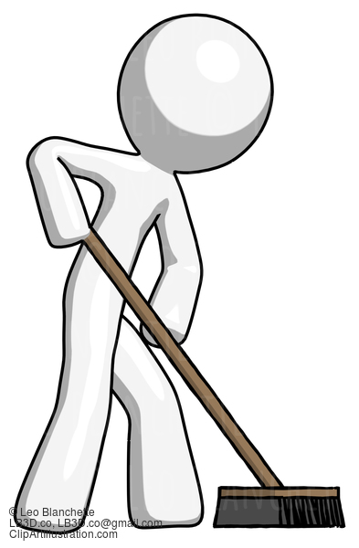 White Design Mascot Man Cleaning Services Janitor Sweeping Side View #9194