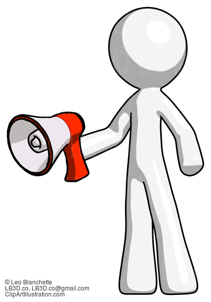 White Design Mascot Man Holding Megaphone Bullhorn Facing Right #9195