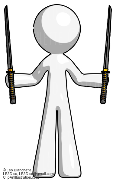 White Design Mascot Man Posing With Two Ninja Sword Katanas Up #9198