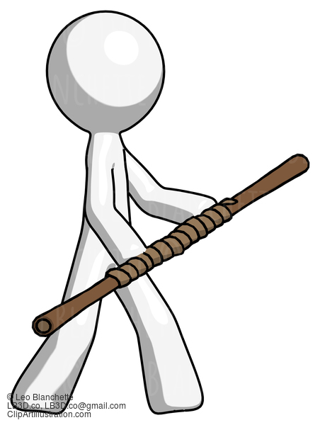 White Design Mascot Man Holding Bo Staff In Sideways Defense Pose #9200