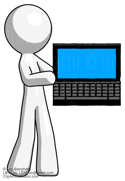 White Design Mascot Man Holding Laptop Computer Presenting Something On Screen #9209