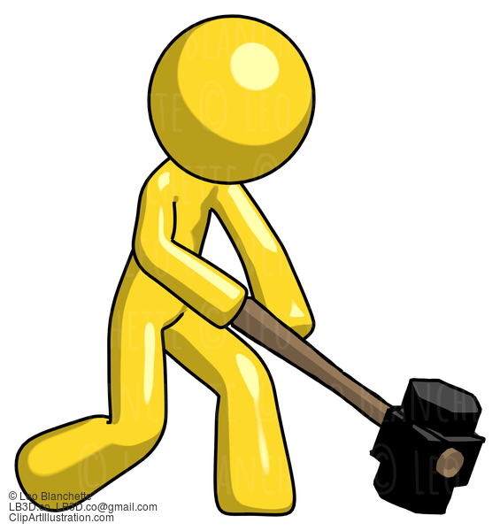 Yellow Design Mascot Man Hitting With Sledgehammer, Or Smashing Something At Angle #11048