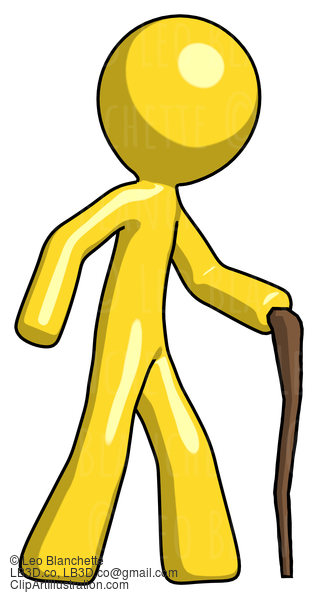 Yellow Design Mascot Man Walking With Hiking Stick #11049