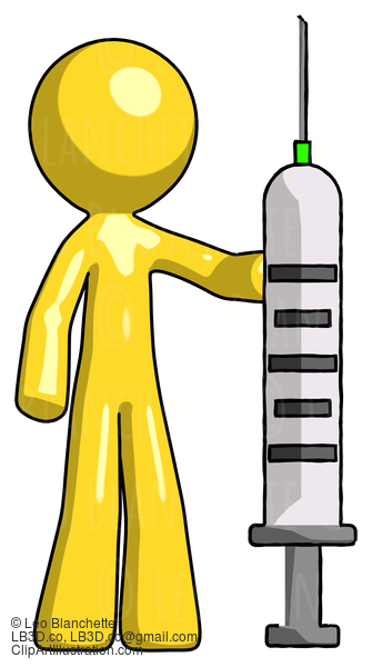 Yellow Design Mascot Man Holding Large Syringe #11054