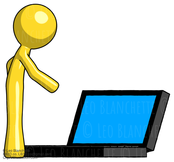 Yellow Design Mascot Man Using Large Laptop Computer Side Orthographic View #11055