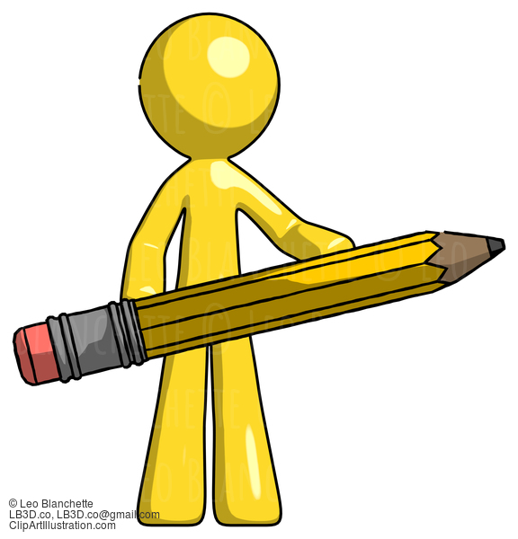 Yellow Design Mascot Man Writer Or Blogger Holding Large Pencil #11058