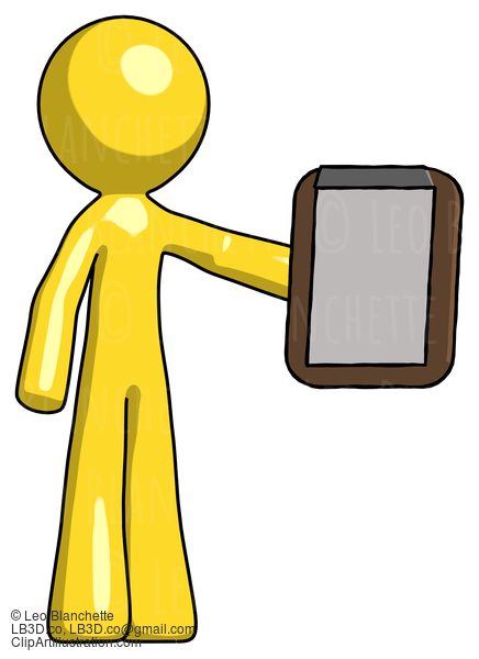 Yellow Design Mascot Man Showing Clipboard To Viewer #11064