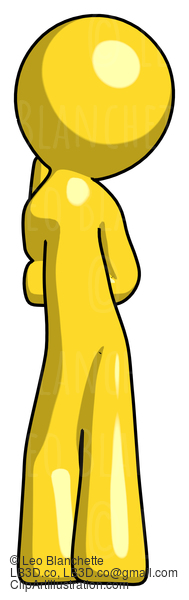 Yellow Design Mascot Man Thinking, Wondering, Or Pondering Rear View #11065