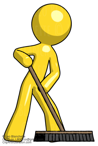 Yellow Design Mascot Man Cleaning Services Janitor Sweeping Floor With Push Broom #11067