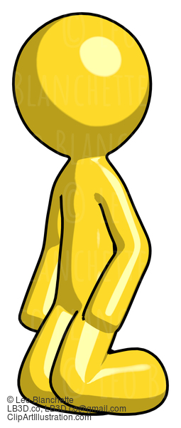 Yellow Design Mascot Man Kneeling Angle View Left #11072