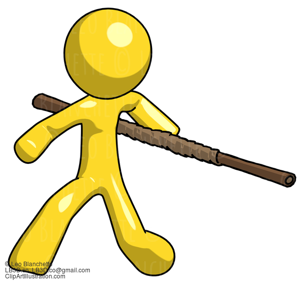 Yellow Design Mascot Man Bo Staff Action Hero Kung Fu Pose #11075