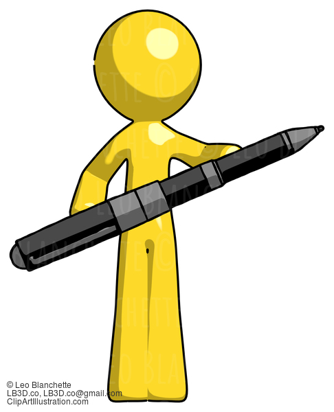 Yellow Design Mascot Man Posing Confidently With Giant Pen #11076