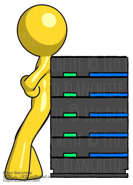 Yellow Design Mascot Man Resting Against Server Rack #11077