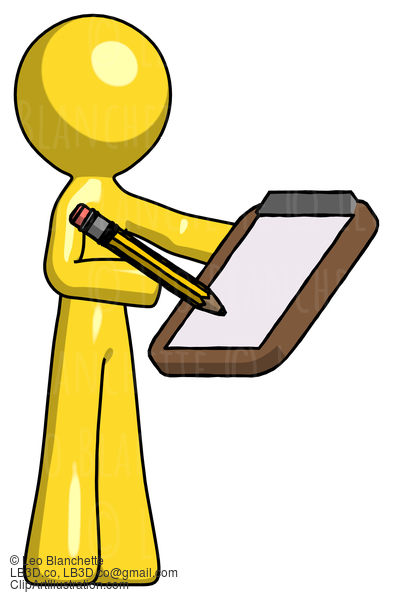 Yellow Design Mascot Man Using Clipboard And Pencil #11079