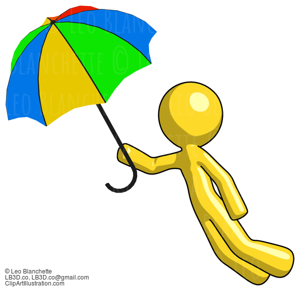 Yellow Design Mascot Man Flying With Rainbow Colored Umbrella #11080