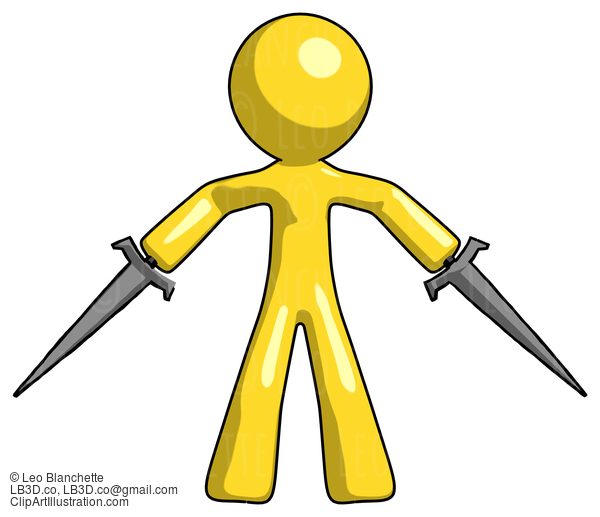 Yellow Design Mascot Man Two Sword Defense Pose #11085