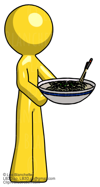 Yellow Design Mascot Man Holding Noodles Offering To Viewer #11087