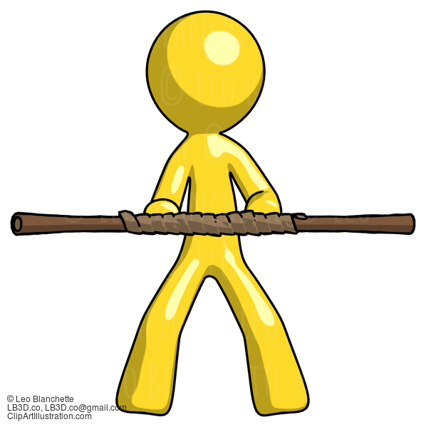 Yellow Design Mascot Man Bo Staff Kung Fu Defense Pose #11094