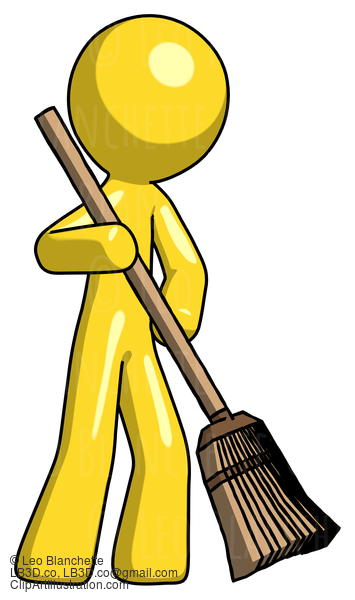 Yellow Design Mascot Man Sweeping Area With Broom #11096