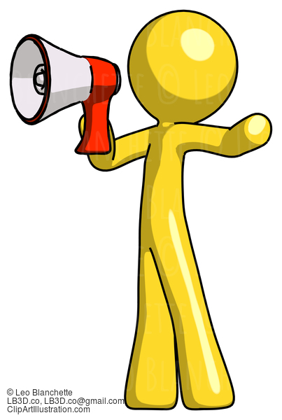 Yellow Design Mascot Man Shouting Into Megaphone Bullhorn Facing Left #11097