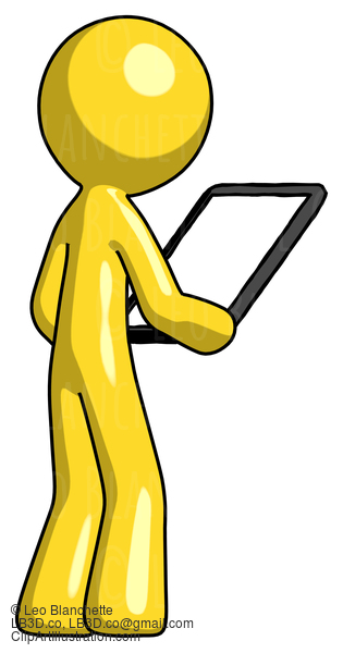 Yellow Design Mascot Man Looking At Tablet Device Computer Facing Away #11098