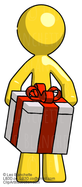 Yellow Design Mascot Man Gifting Present With Large Bow Front View #11101