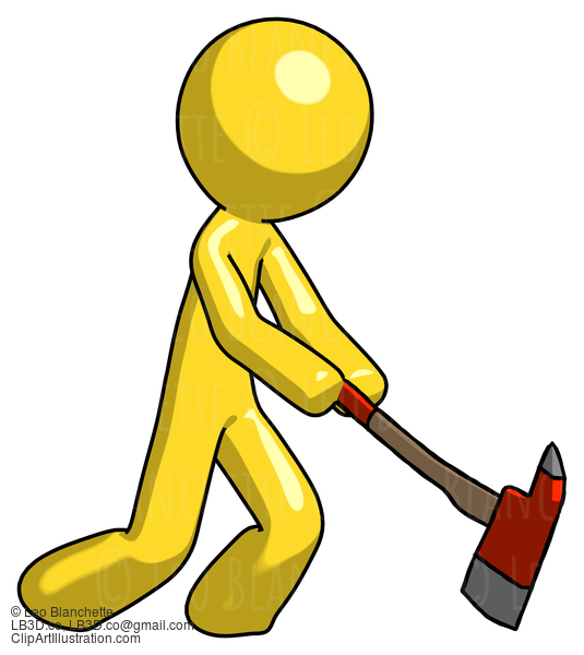 Yellow Design Mascot Man Striking With A Red Firefighter’S Ax #11102