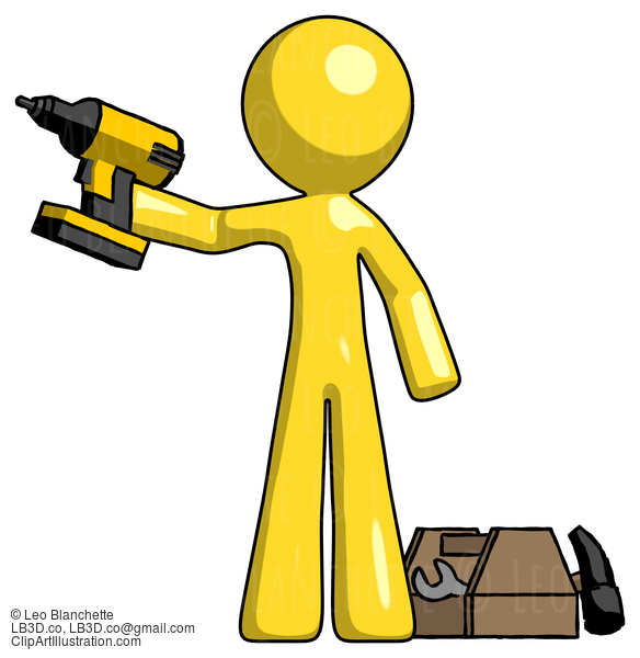 Yellow Design Mascot Man Holding Drill Ready To Work, Toolchest And Tools To Right #11104